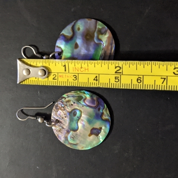 Silver Tone Blue Purple Green Paua Shell Disc Statement Earrings - Picture 2 of 3
